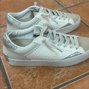 ShuShop Ruby White, Silver Bone Snake Textured Sneakers